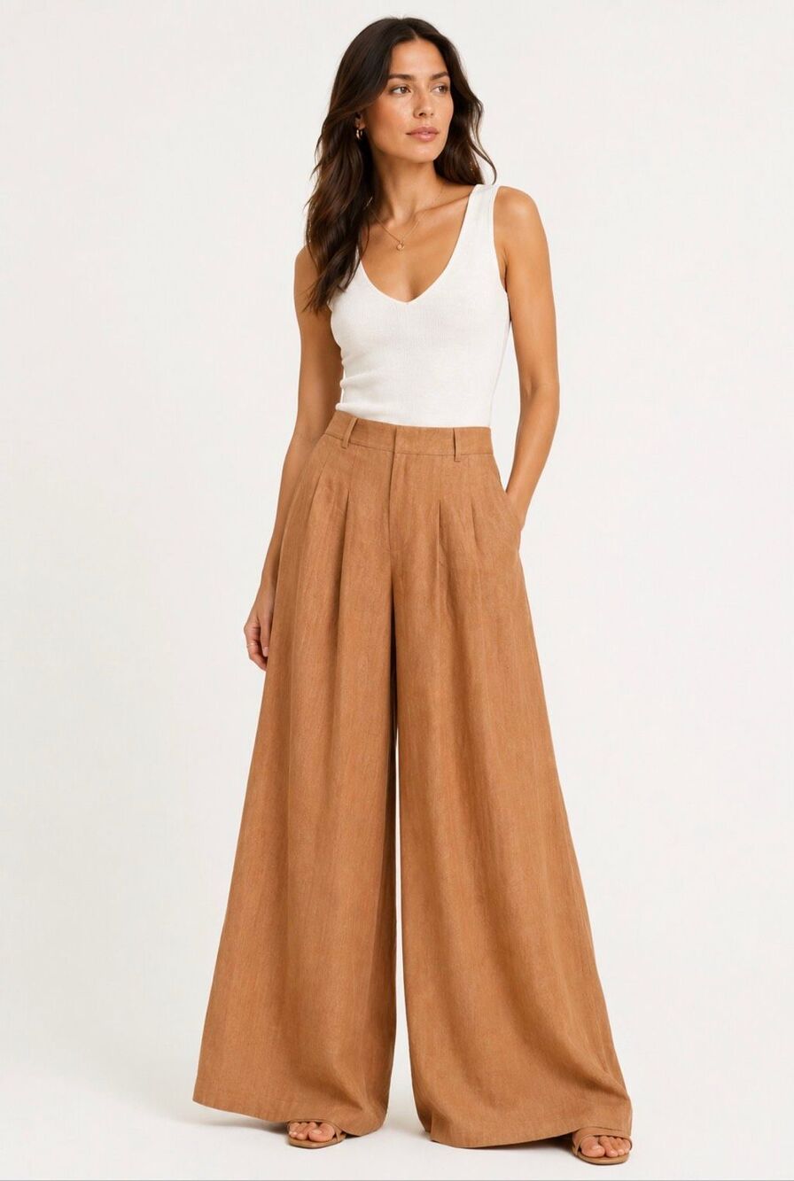 Alice + Olivia Scarlet Tan Linen Blend High Rise Wide Leg Pants NWT Size 2